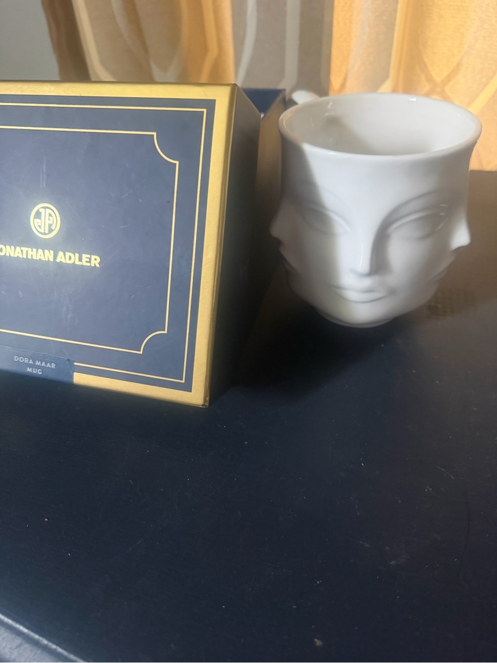 Jonathan Adler White Sculptural Face Mug with Navy Gold Box - Picture 2 of 6
